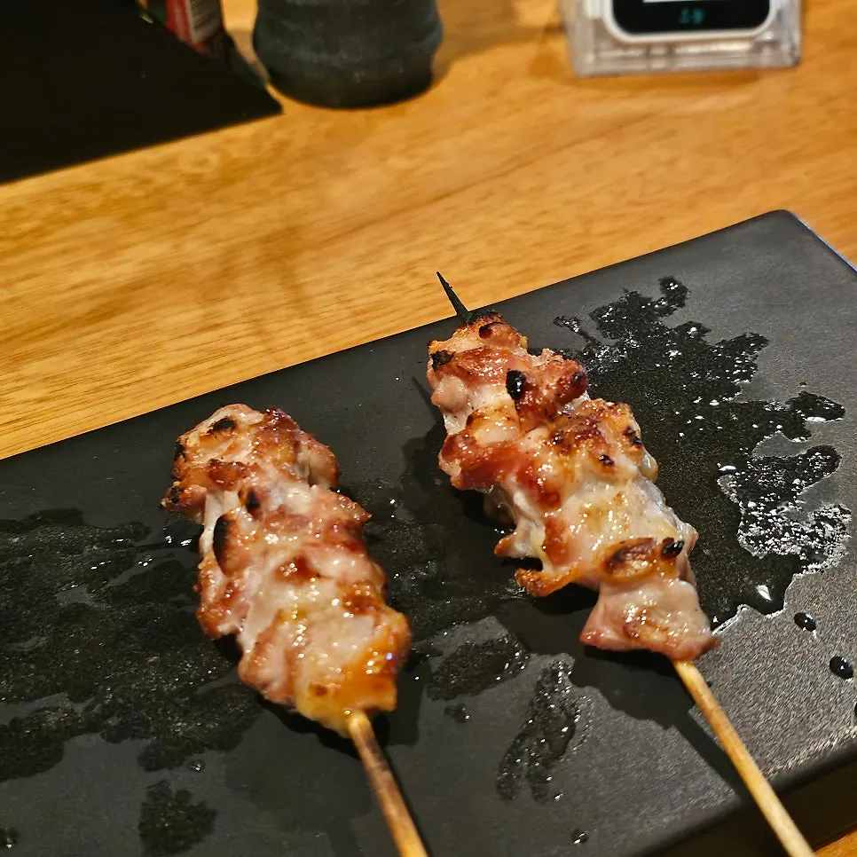 Close-up of a Yakitori Shomong skewer