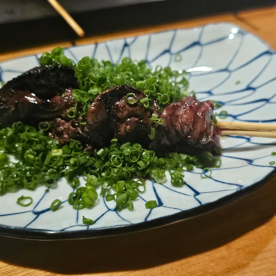 Close-up of chicken liver skewer