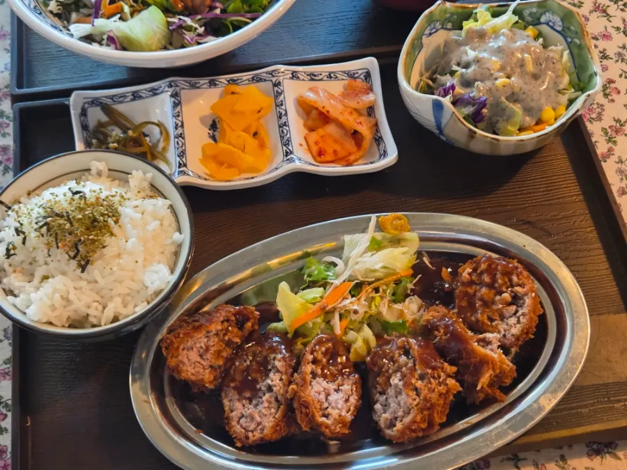 Full spread of the Osaka-style menchi katsu set