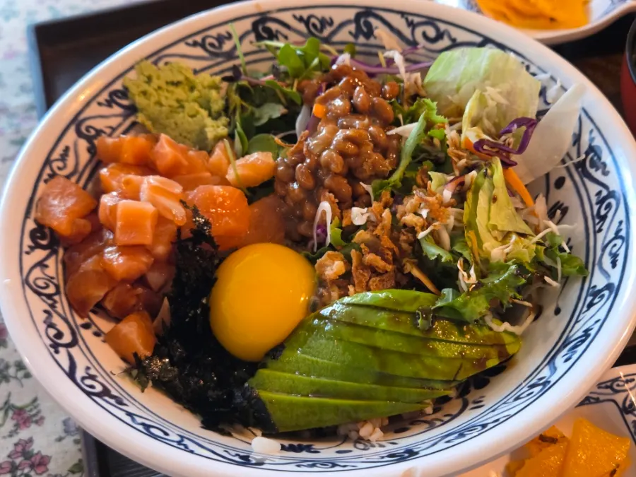 Poke-style bowl loaded with natto and vegetables