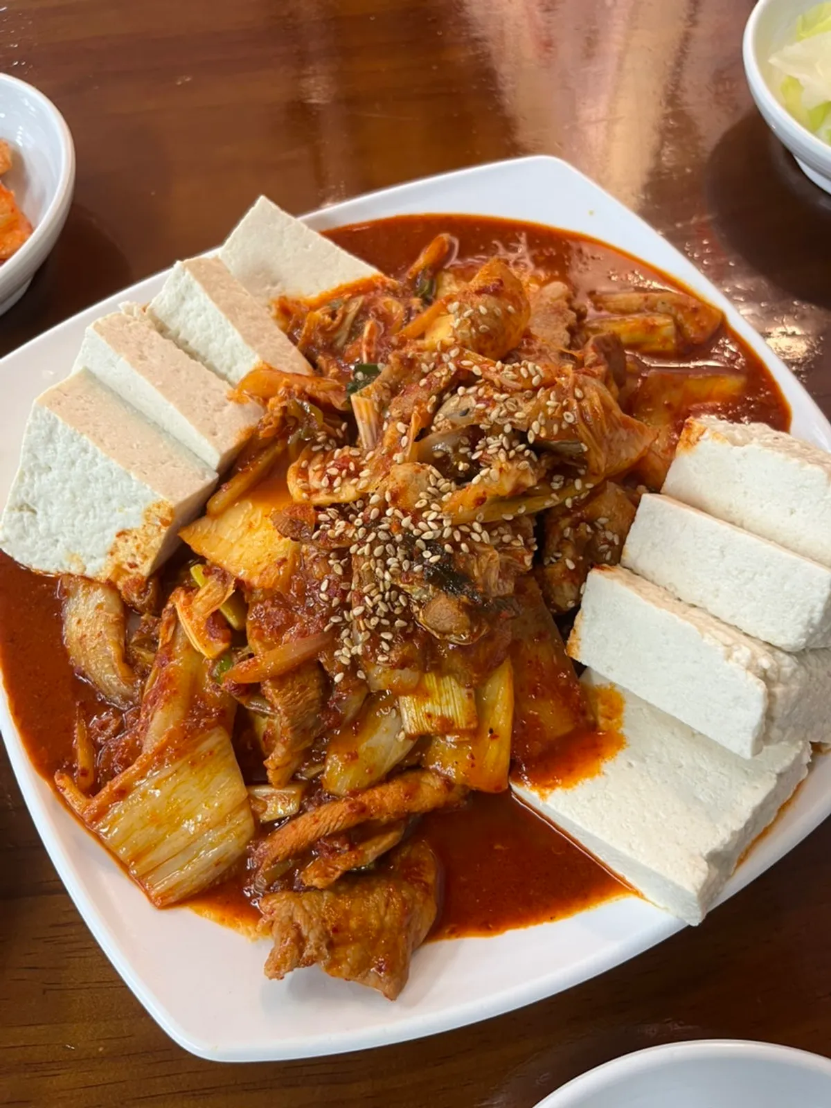 Solo meal setting with tofu kimchi duruchigi