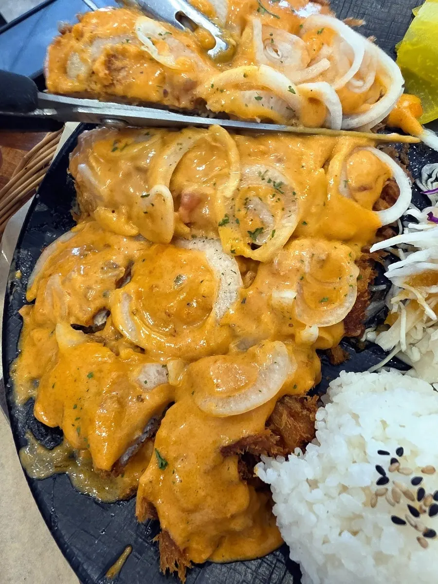 Close-up of the rosé pork cutlet