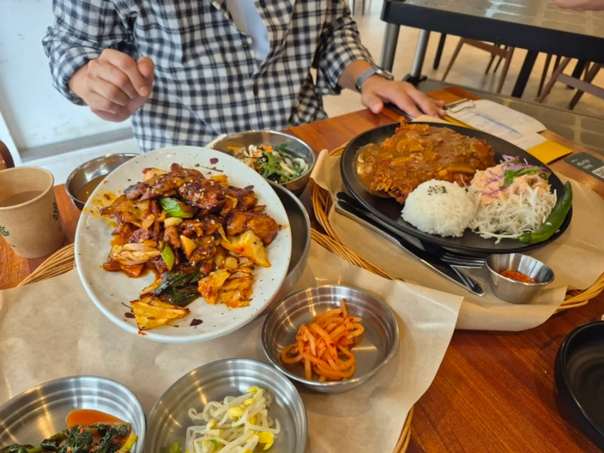 Table set with basic side dishes and doenjang soup