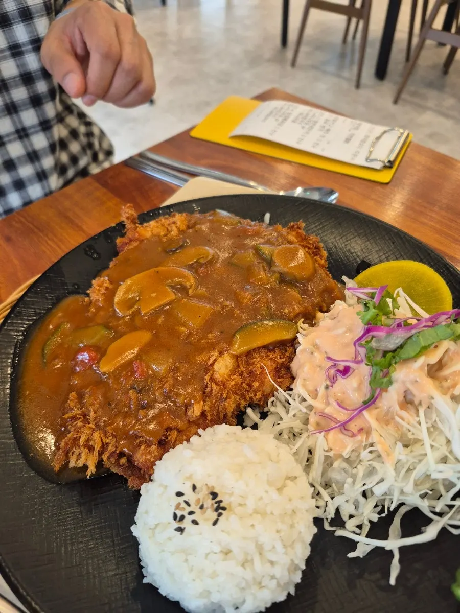 Full spread of the pork cutlet, udon, bibim guksu and grilled pork belly set