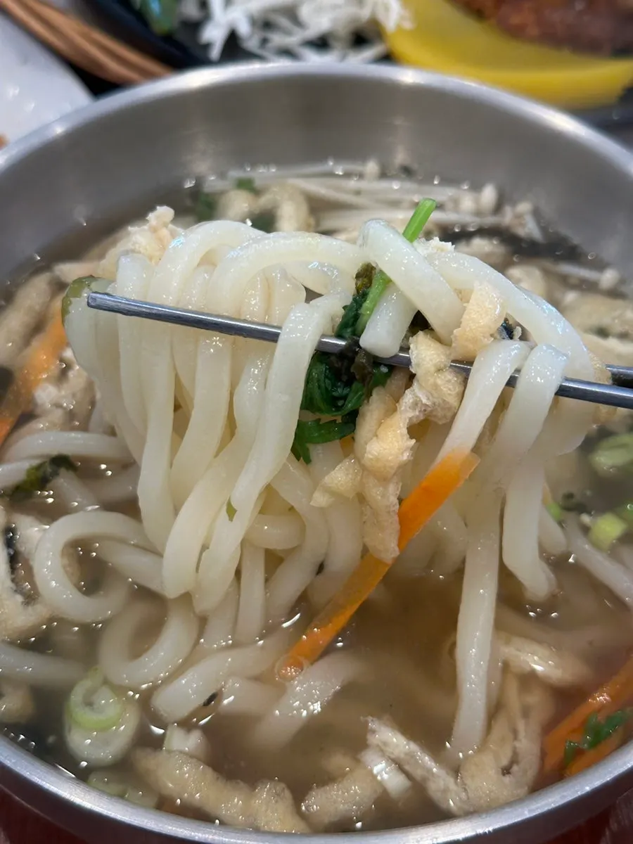 쫄깃한 우동 면발을 들어 올린 모습