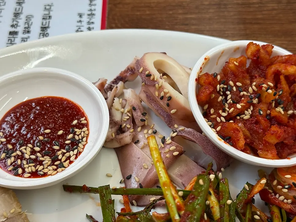 Close-up of steamed squid and pork bossam