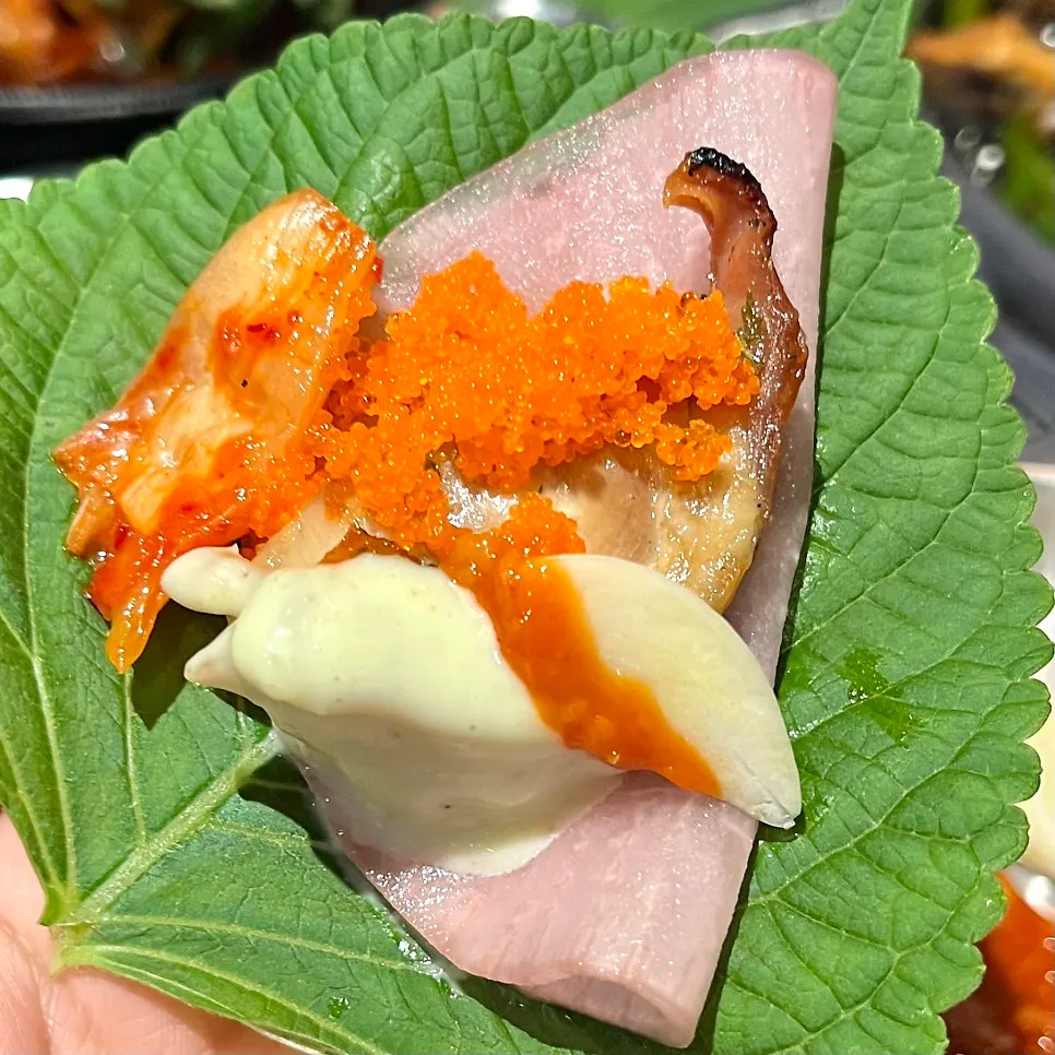 Chicken galbi with wasabi mayo and flying fish roe