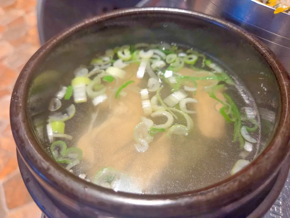 Chicken gomtang broth served with the Yanggyegok Platter