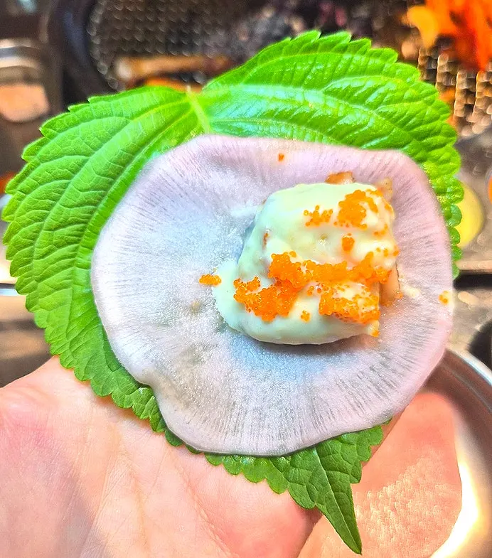 Perilla leaf, flying fish roe, and dakgalbi wrap
