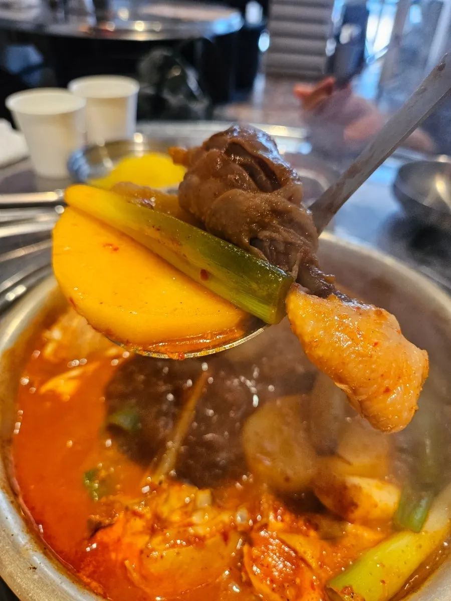 Dakdoritang broth starting to boil with potatoes