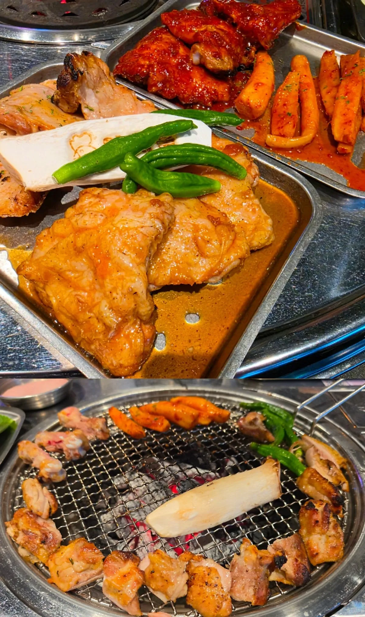 Gochujang, salt, and soy sauce dakgalbi with grilled deodeok