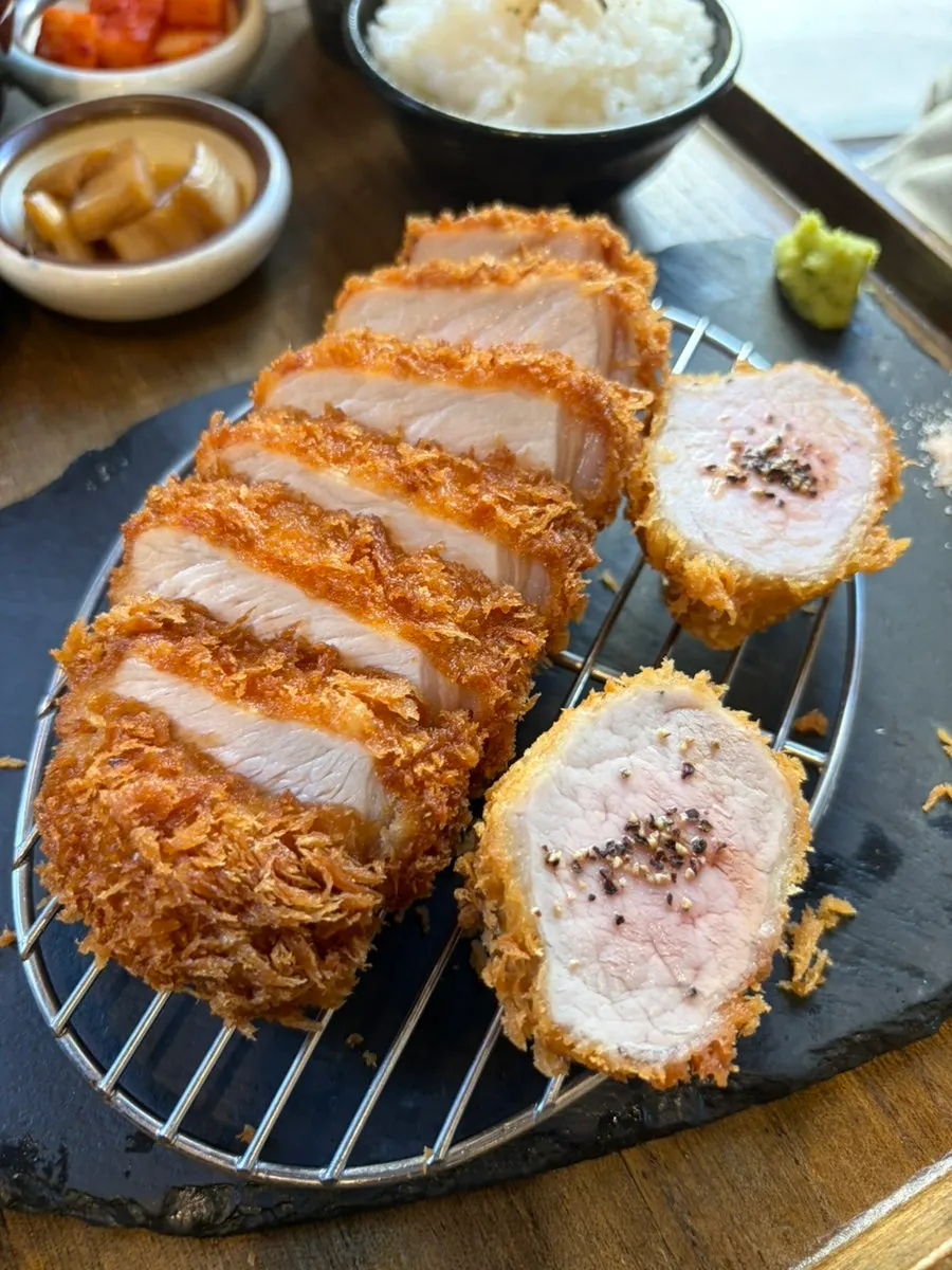 Katsu sauce, salt, fresh wasabi, and a lemon wedge