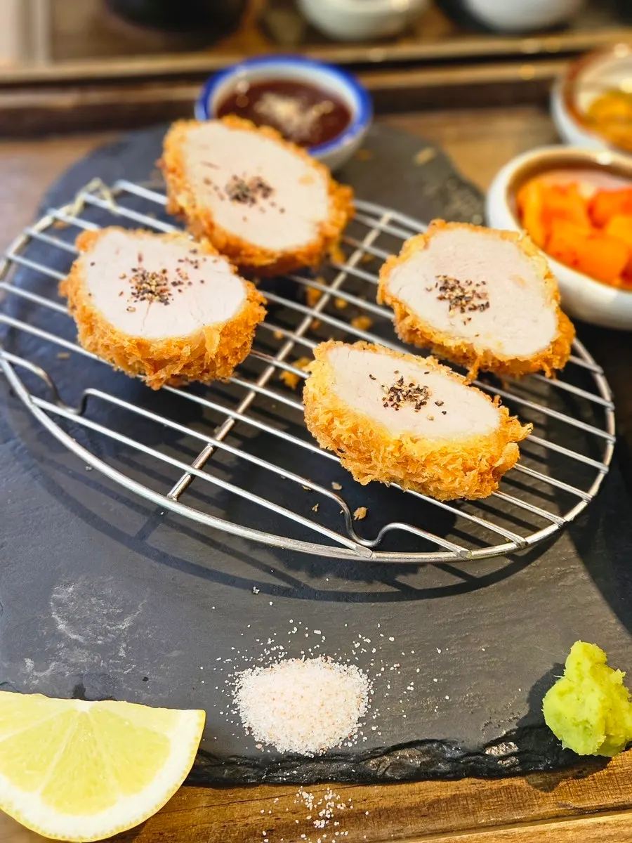 Perilla oil soba and hire katsu set composition