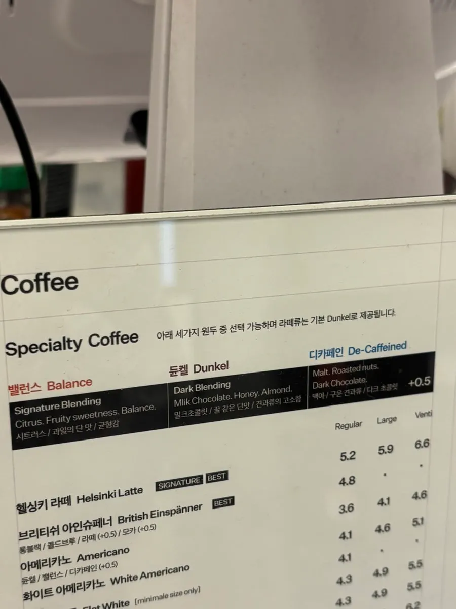 Mini Male Coffee Roasters drink menu