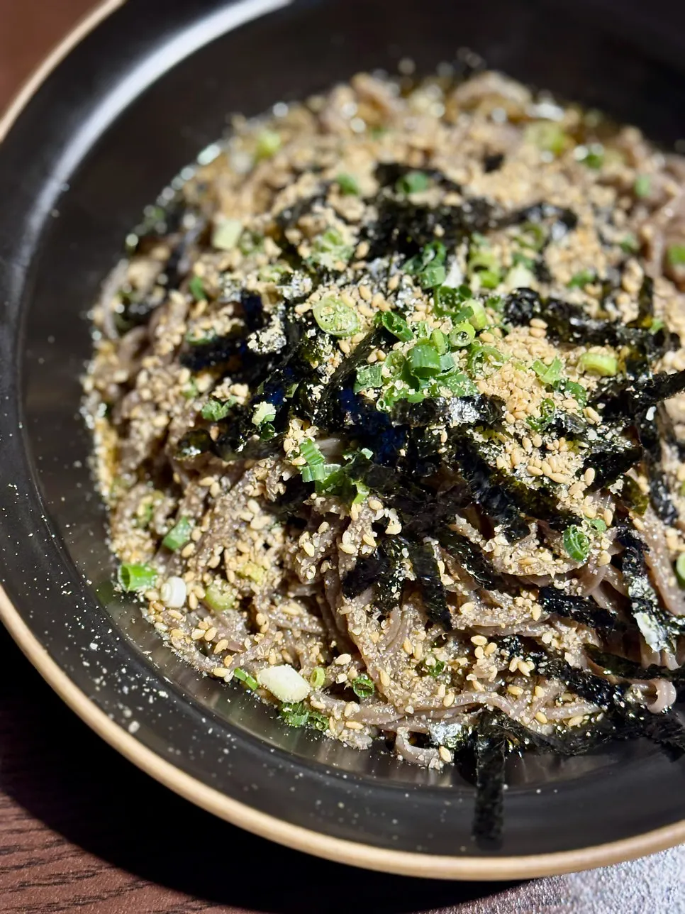Close-up of a bowl of perilla oil soba