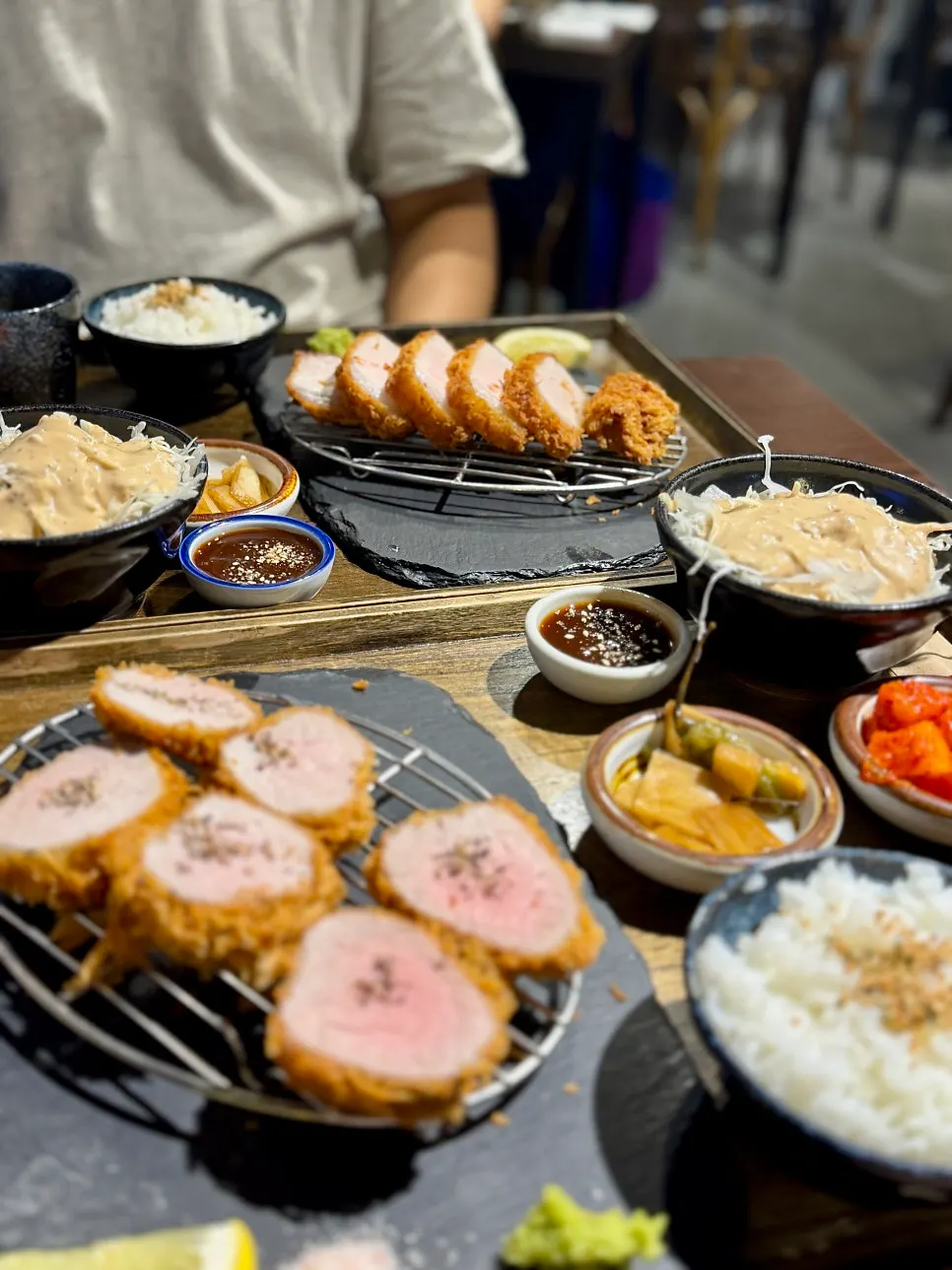 Table set with two types of katsu and perilla oil soba