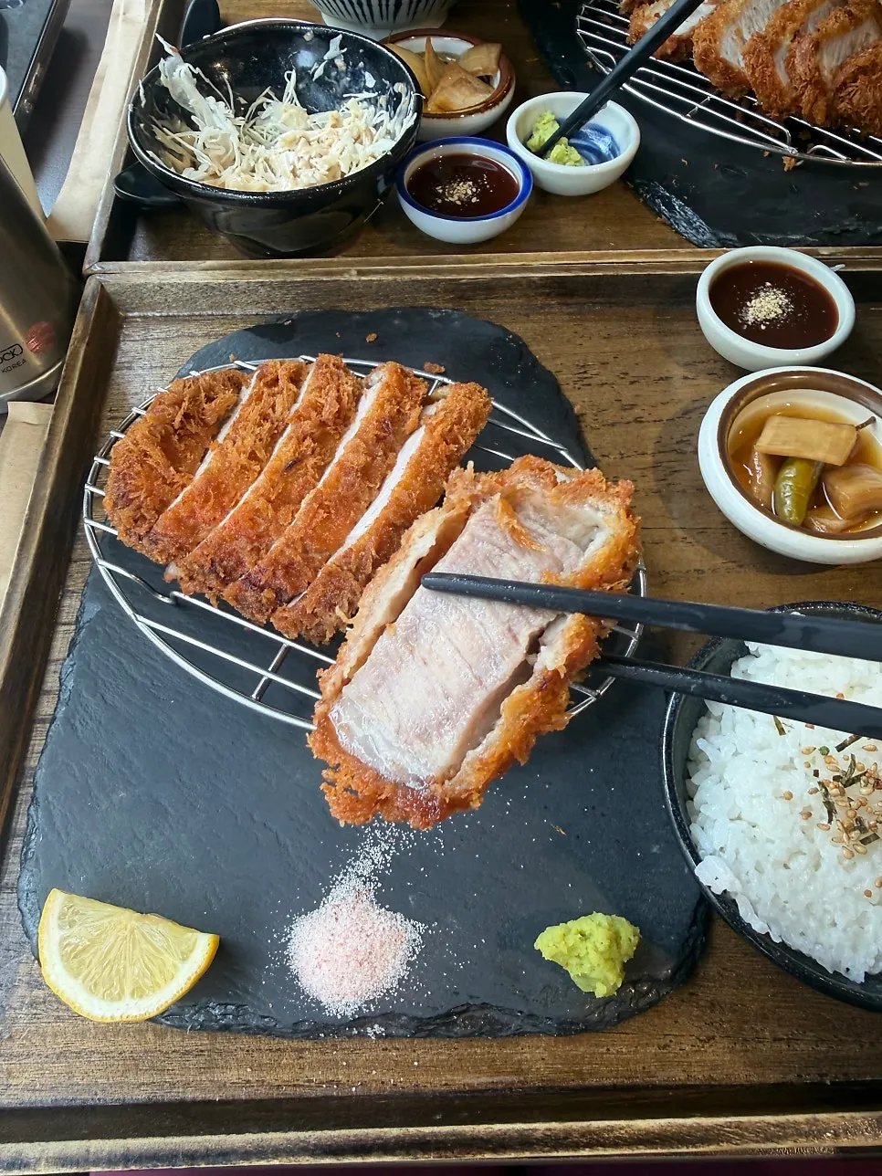 Pork cutlet with pink salt and wasabi