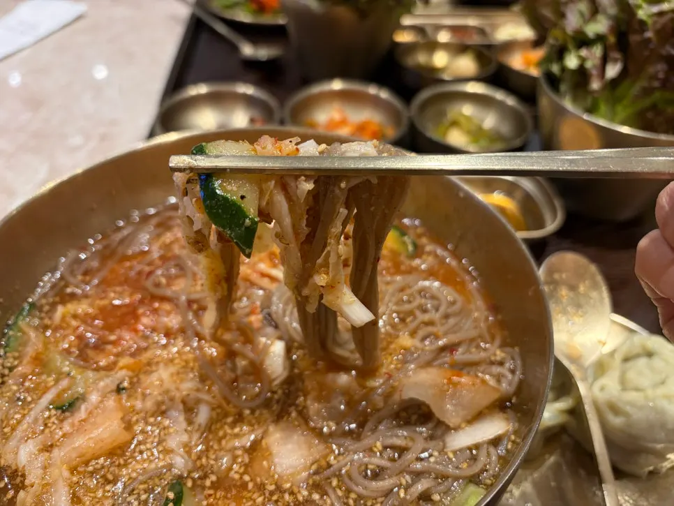 Close-up of mul-makguksu with cucumber and egg toppings