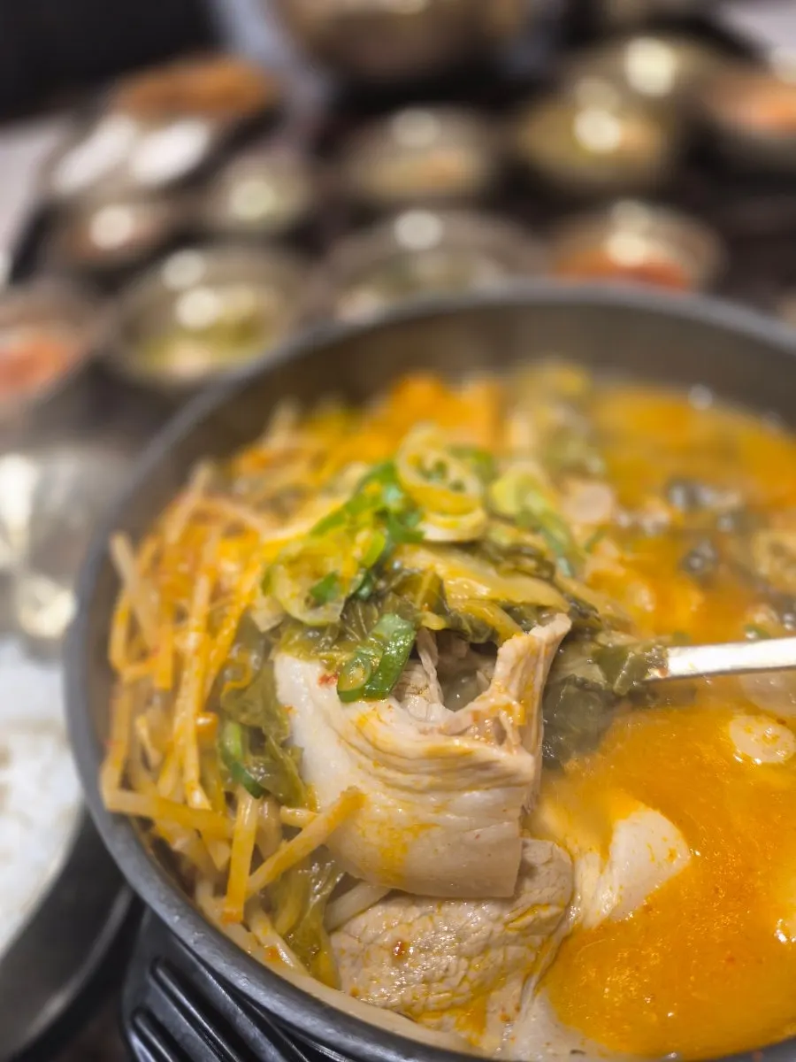 Close-up of the red broth in the spicy gomtang