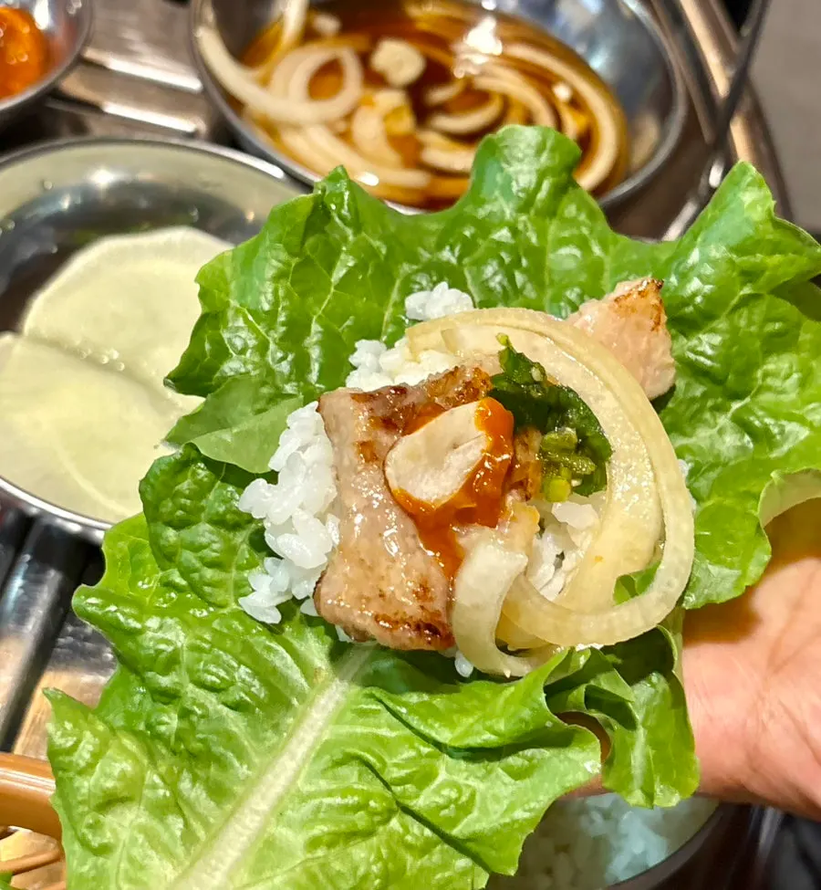 A piece of raw rib with wrap and extras on top