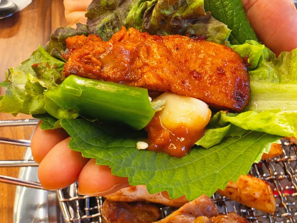 Close-up of fully cooked charcoal dakgalbi