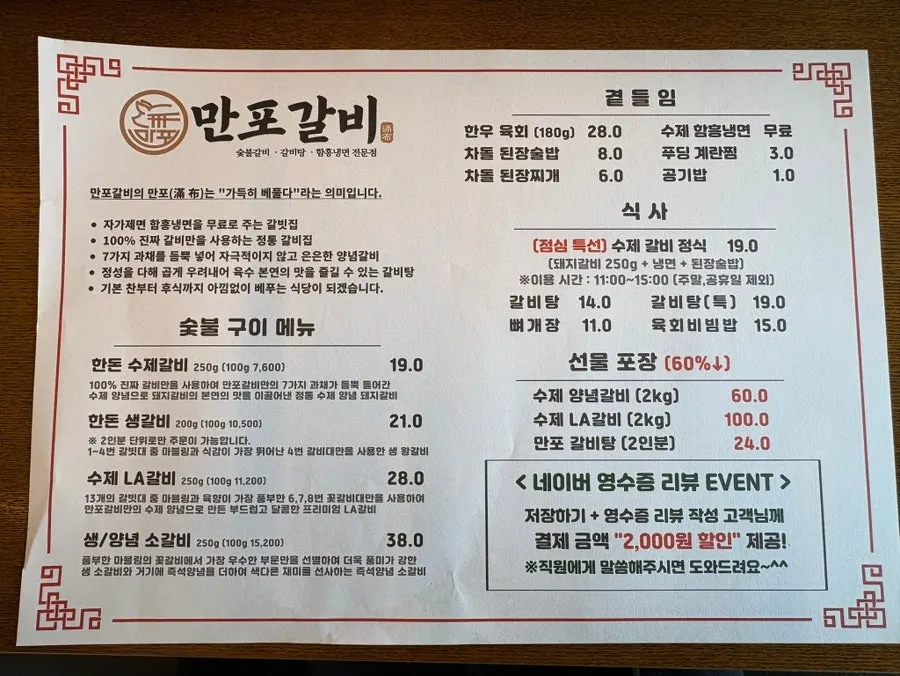 Manpo Galbi menu board with both beef and pork options