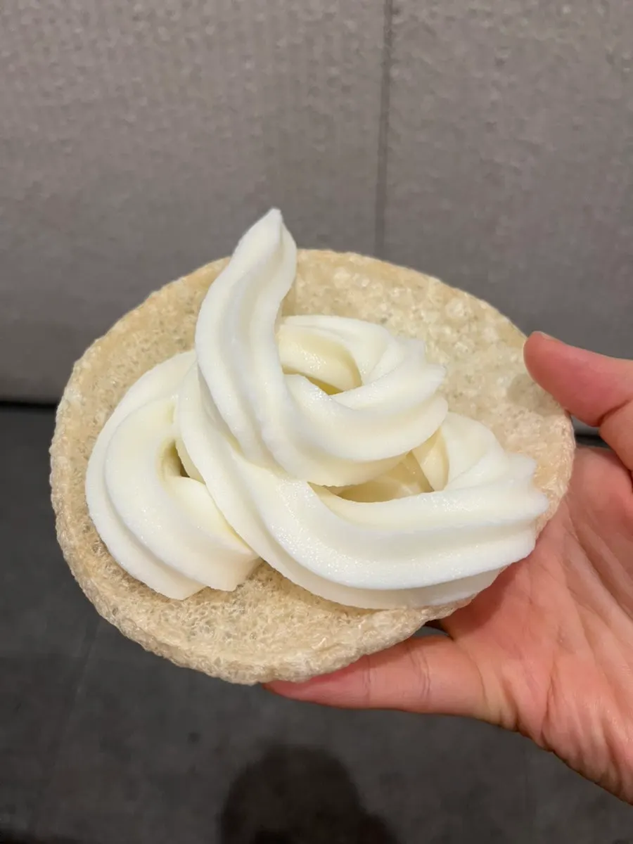Beontugi puffed rice topped with vanilla ice cream