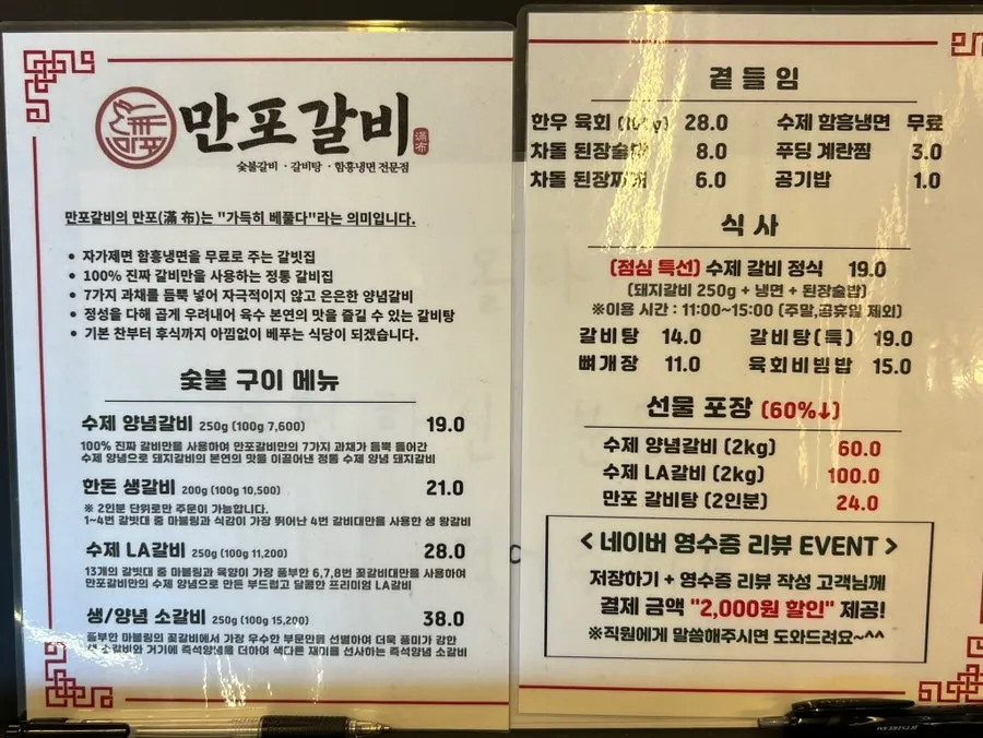 Menu board at Manpo Galbi Yangju Main Branch