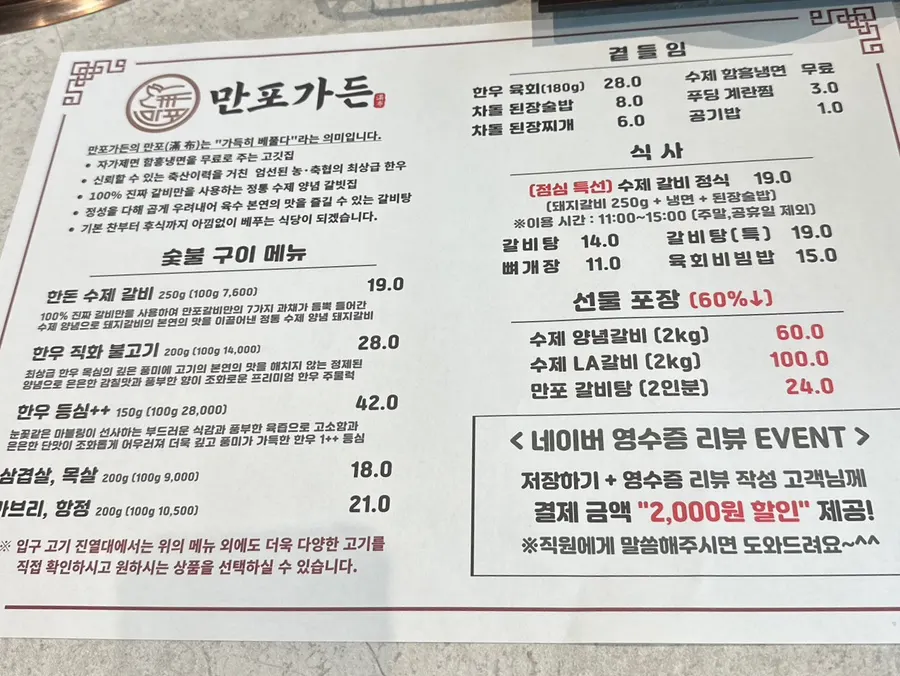 Manpo Garden menu board listing galbi and rice dishes