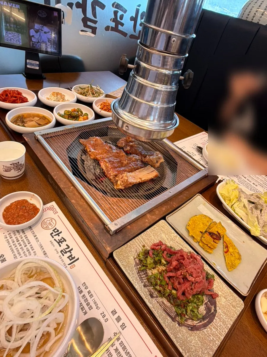 Table full of ribs and side dishes
