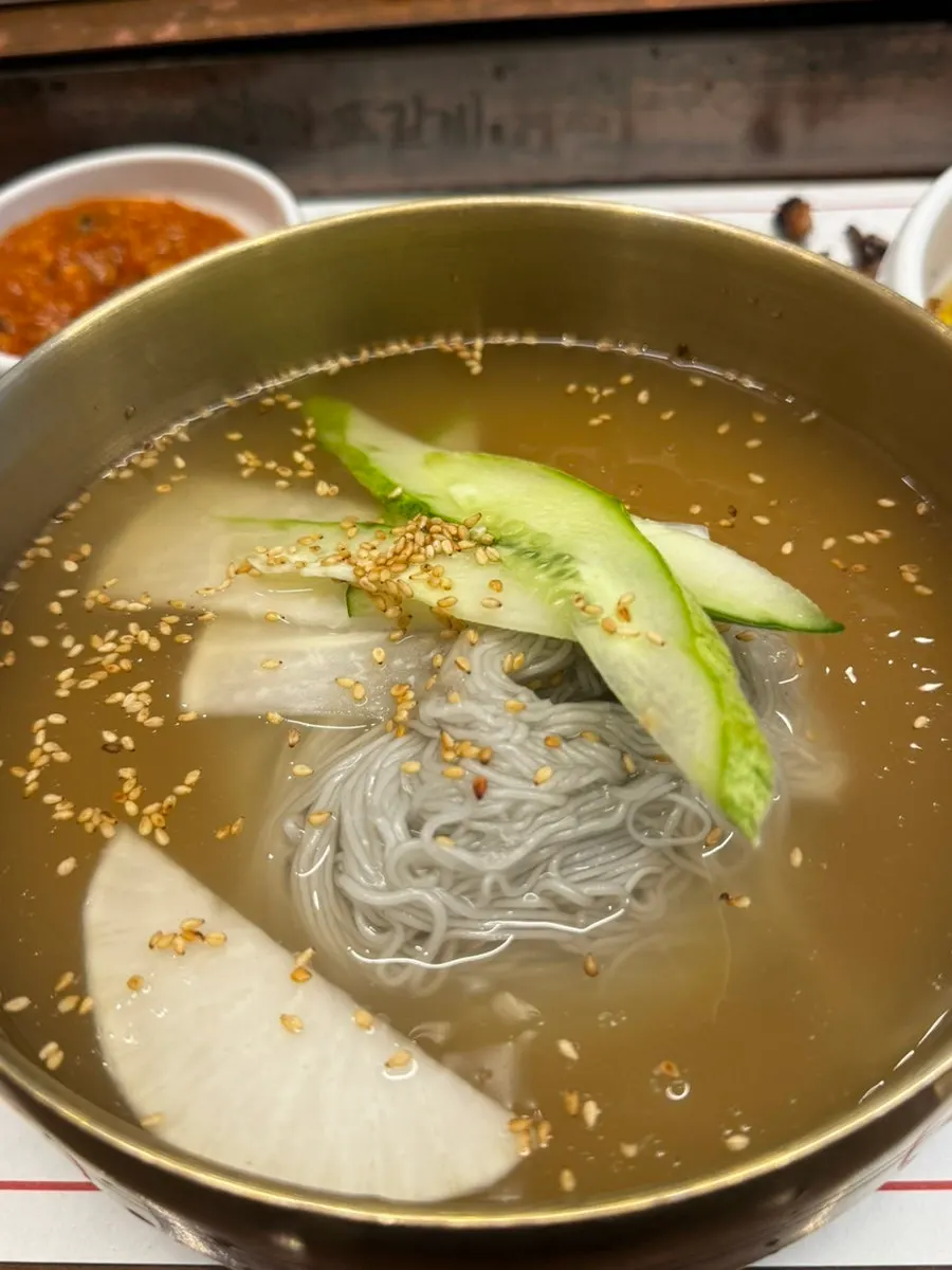 A bowl of Manpo Galbi's handmade water naengmyeon