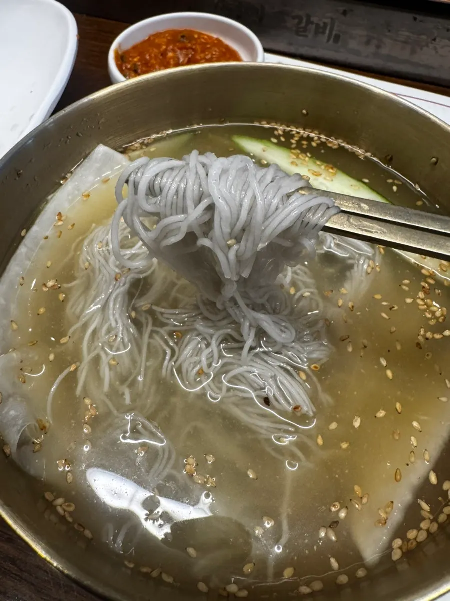 Close-up of naengmyeon noodles
