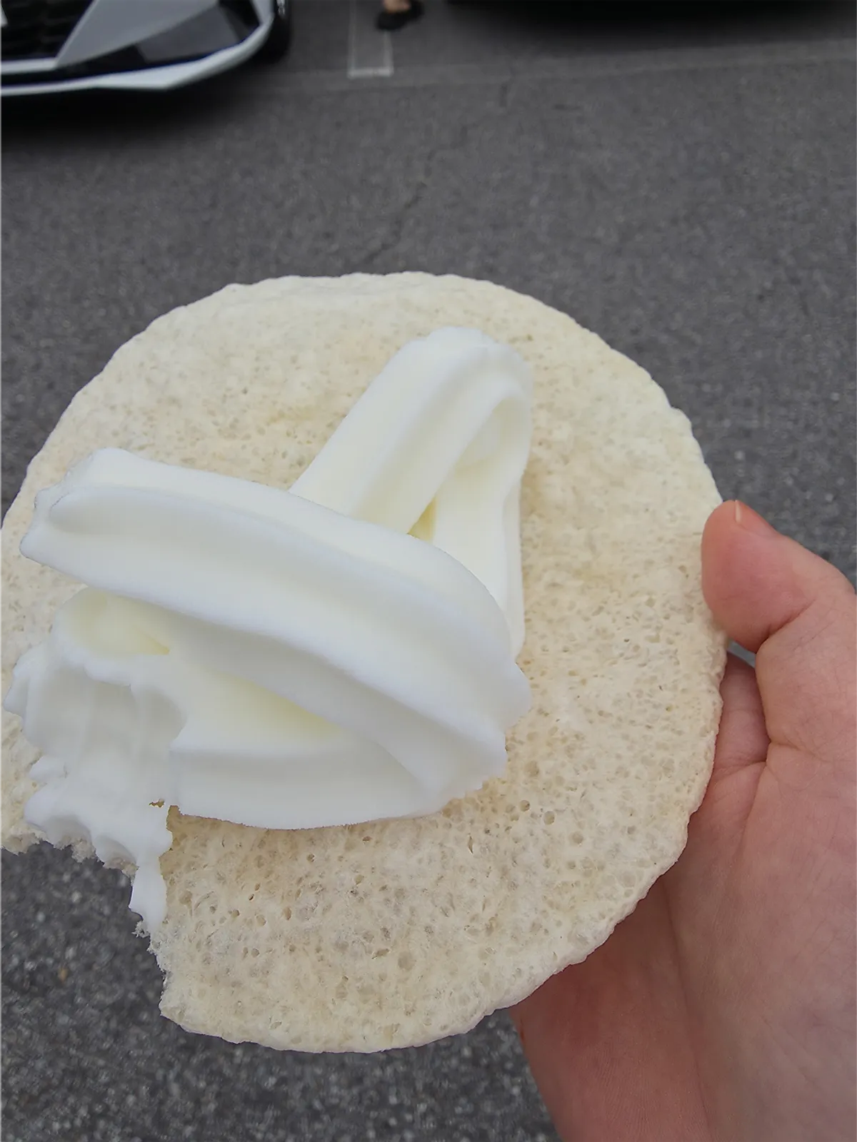 Ice cream dessert served on a puffed rice cracker