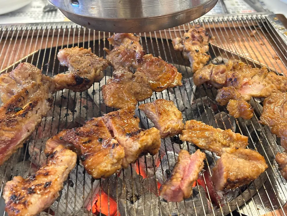 Marinated pork galbi cooking to a golden brown