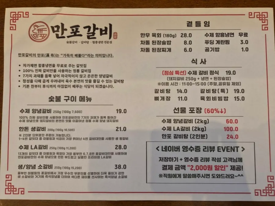 Galbi menu board at Manpo Galbi