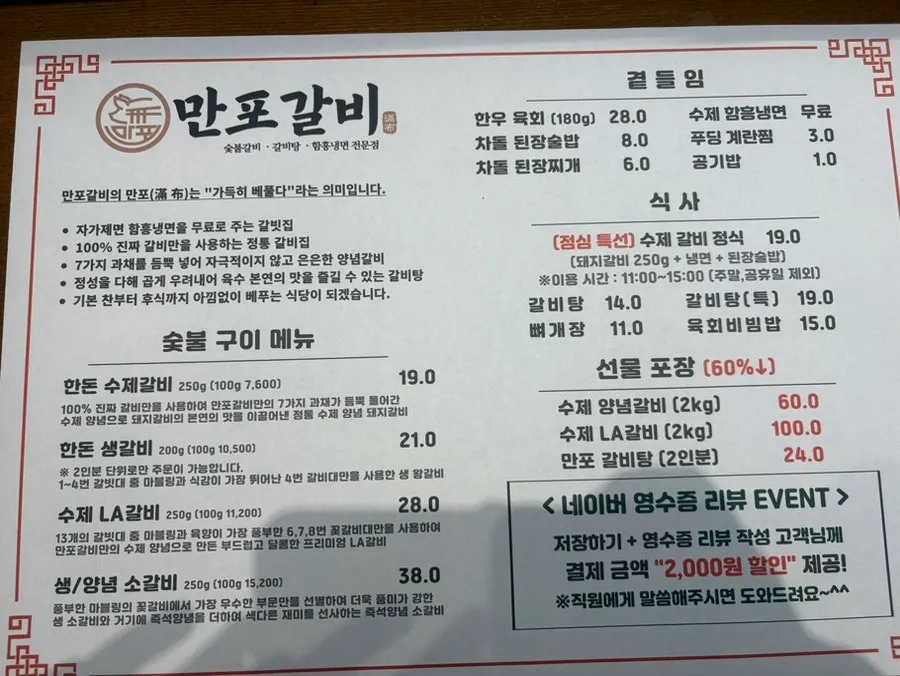 Menu board at Manpo Galbi Yangju Main Branch