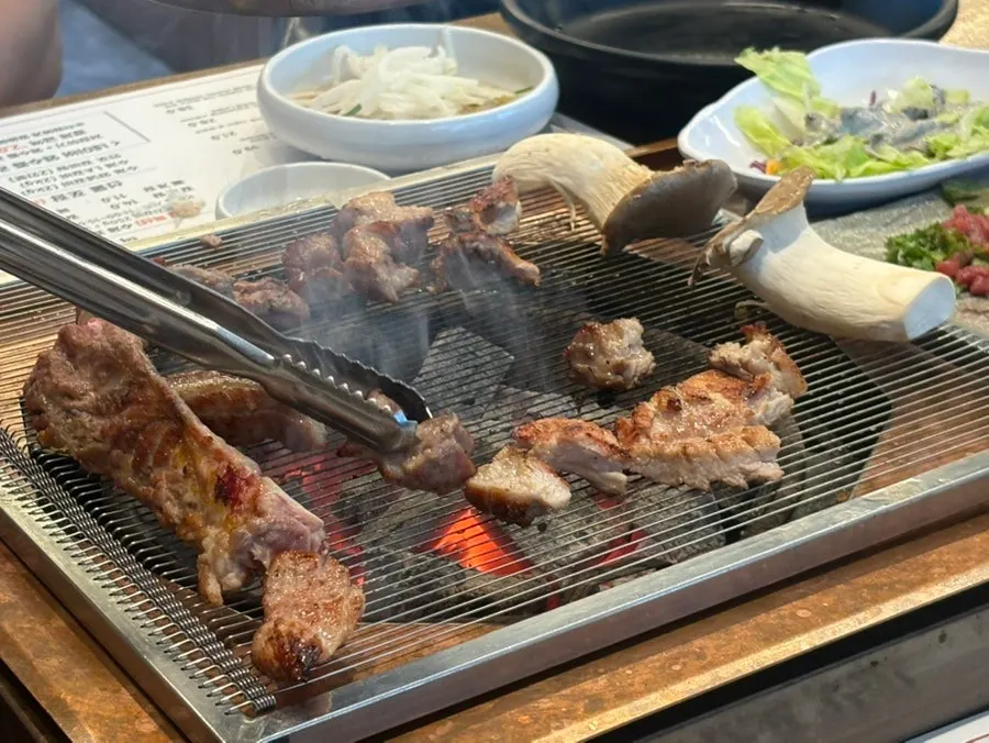 Pork galbi served with pickled onions