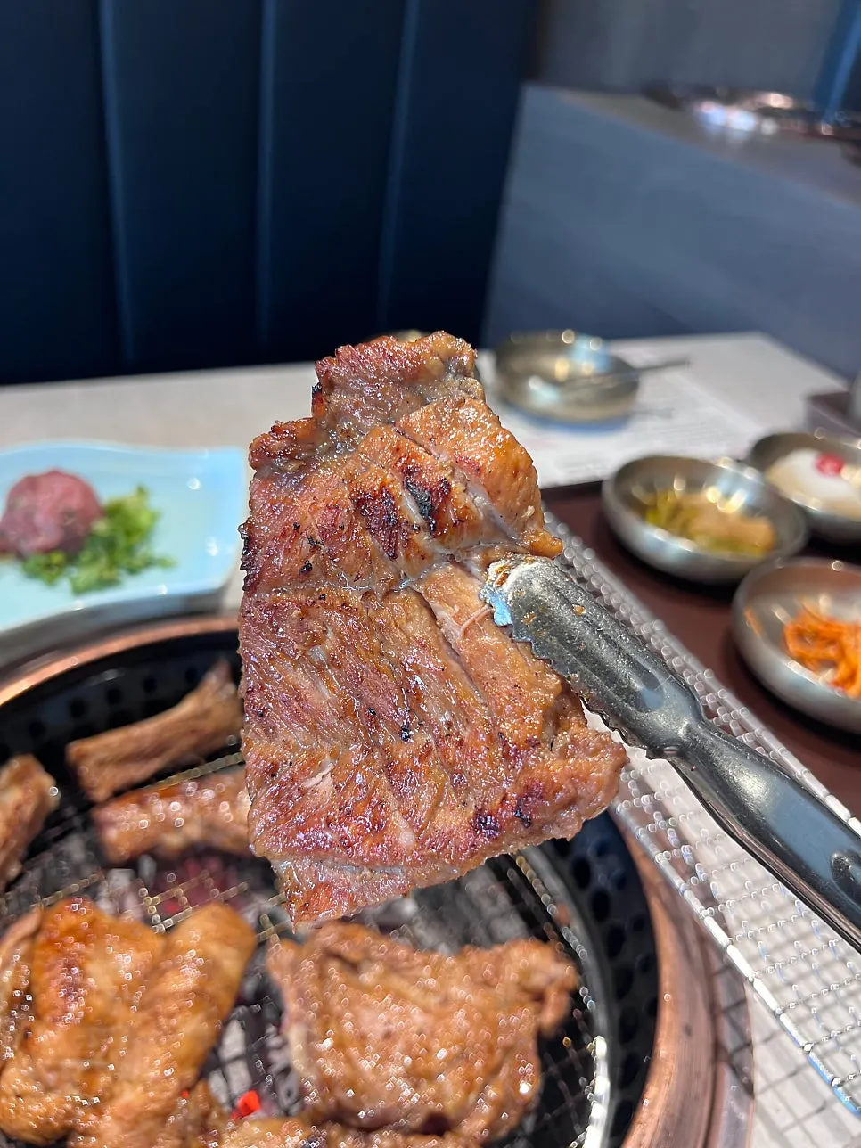 Close-up of fully cooked hand-cut galbi