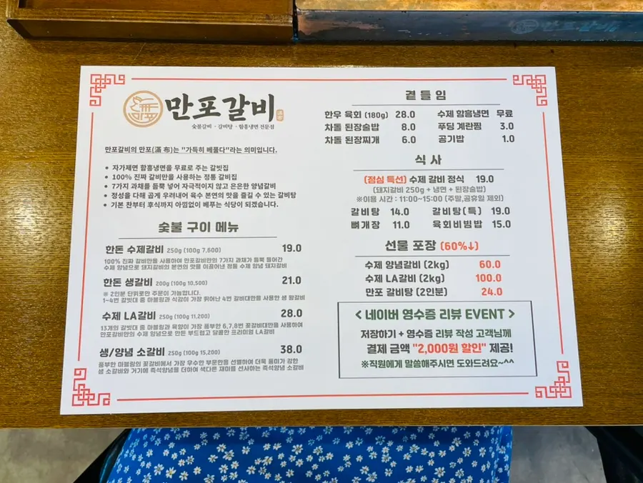 Manpo Galbi handmade Korean pork rib menu