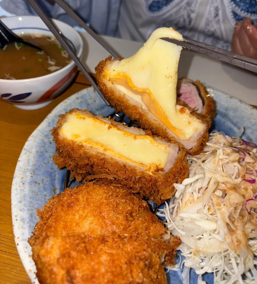 Plate of crab croquette, cheese katsu, and hire katsu