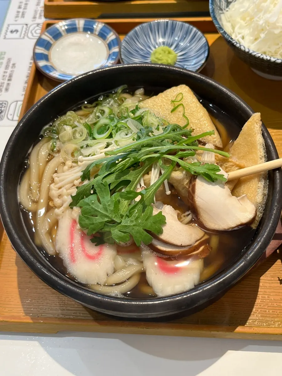 Table spread with the skewer udon set and katsu sets