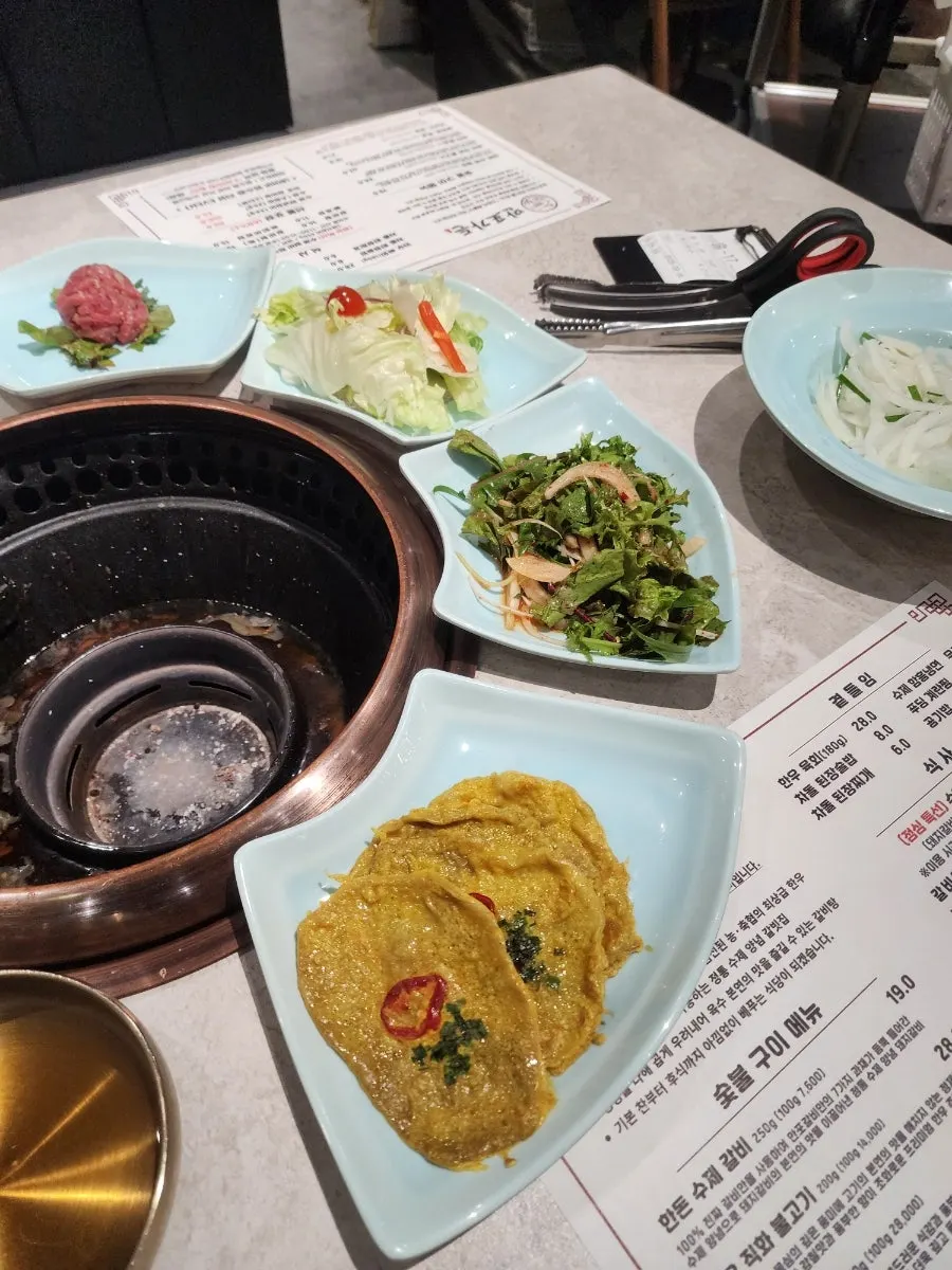 Neat side dishes served alongside the galbi