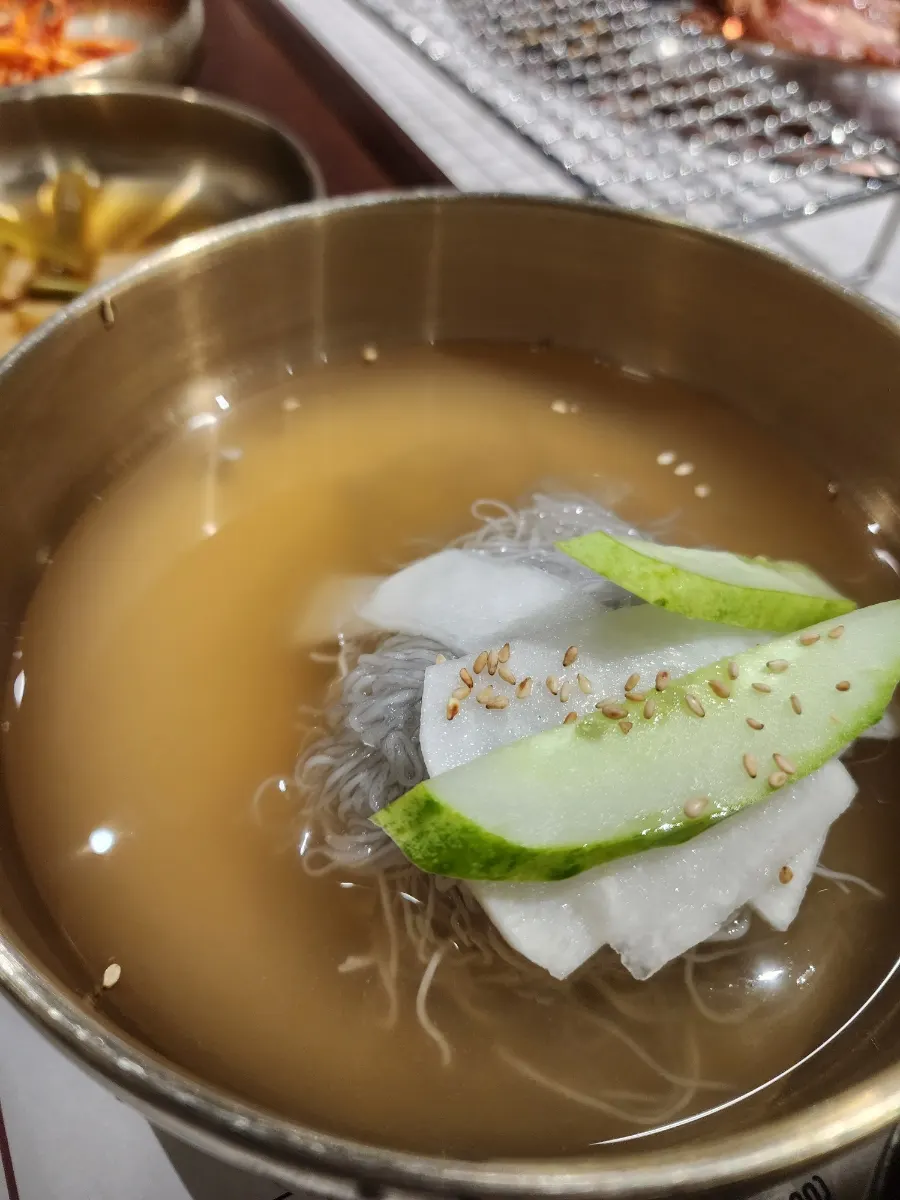 Pork galbi rolled up in naengmyeon noodles