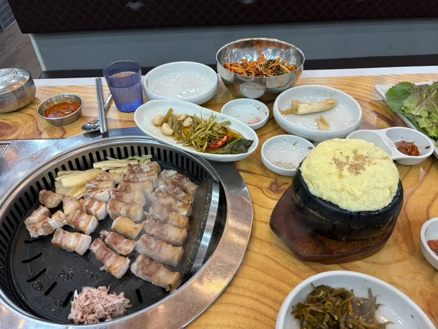 Table with pork belly and steamed egg together