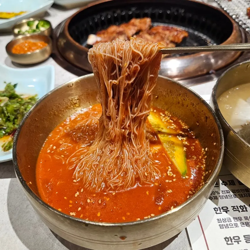 A close-up of noodles lifted from the water naengmyeon