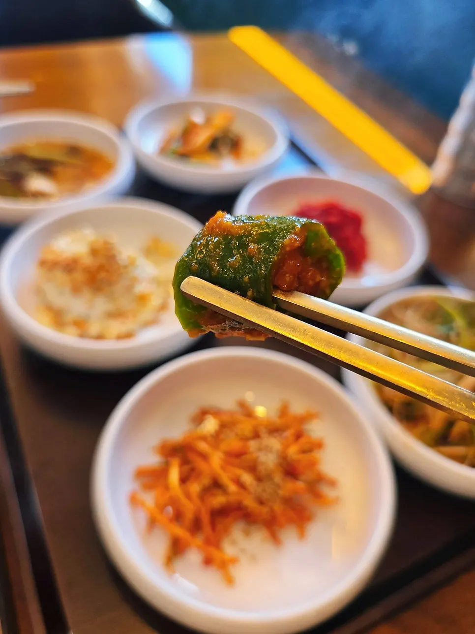 Full table setting of basic side dishes at Manpo Galbi Yangju Main Branch
