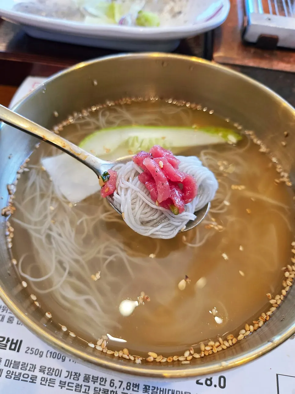 Homemade naengmyeon noodles at Manpo Galbi
