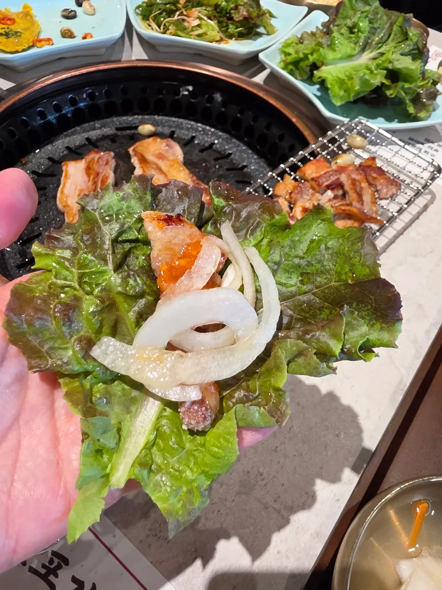 Pork belly with seasoned lettuce salad