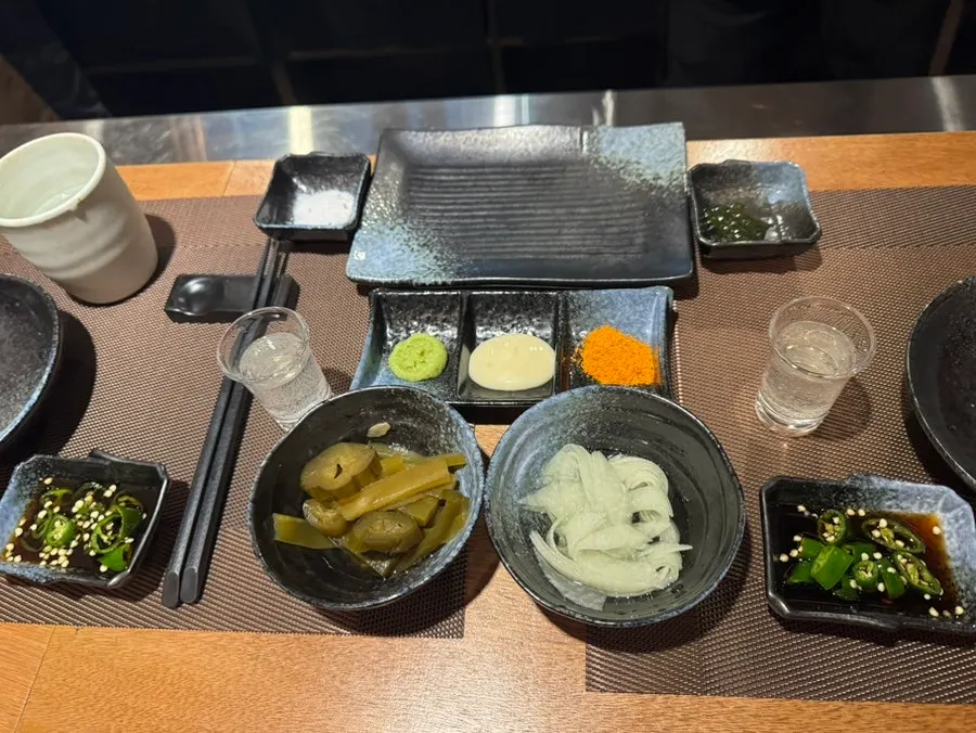 Basic table setting with banchan and various sauces