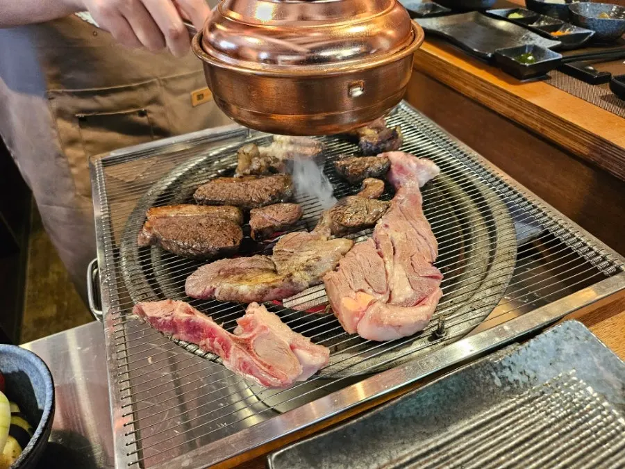 Lamb T-bone and lamb shoulder rib on the grill